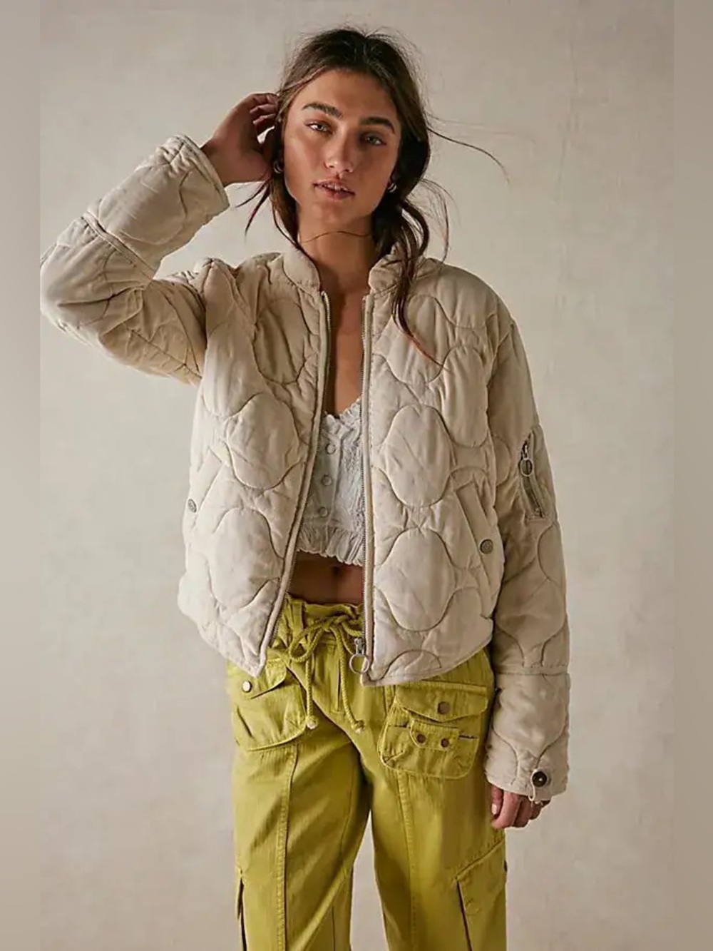 Free People Aura Liner Quilted Jacket Ivory Beige XL